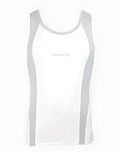 White Supawear SPR performance singlet tank top with light gray side panels and trim for athletic wear