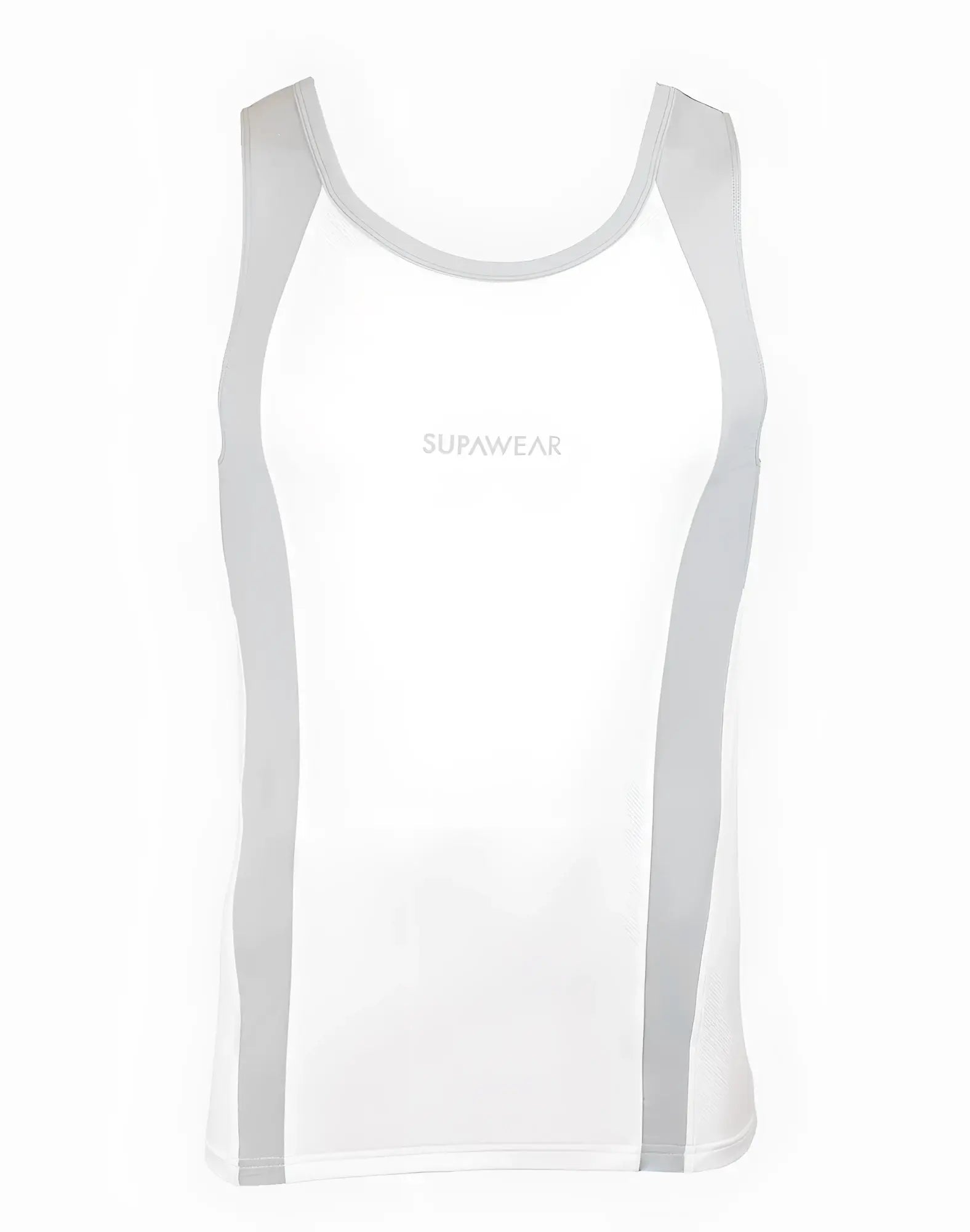 White Supawear SPR performance singlet tank top with light gray side panels and trim for athletic wear