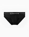 Black supawear spr pro brief underwear with gray waistband and white brand name lettering for men