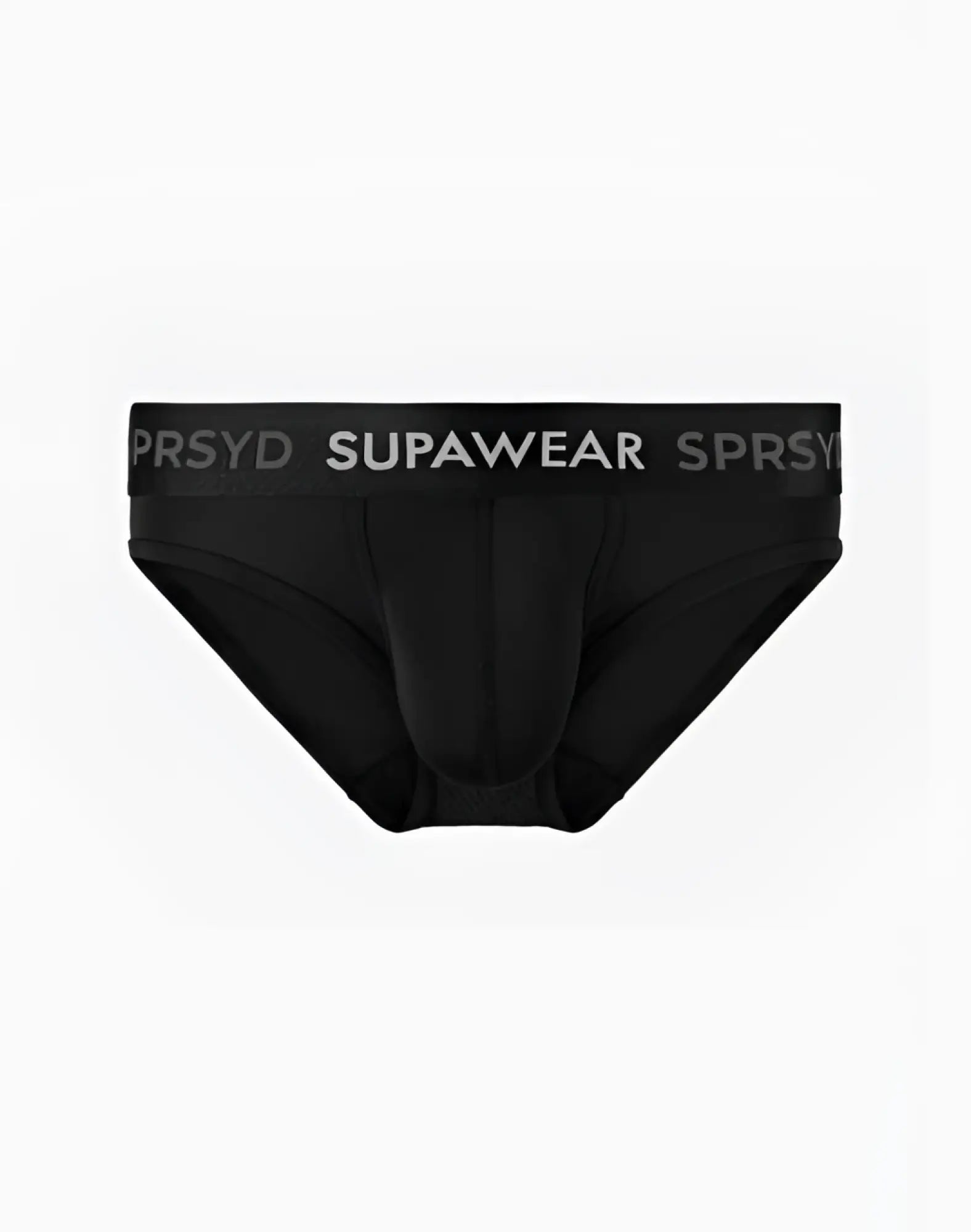 Black supawear spr pro brief underwear with gray waistband and white brand name lettering for men