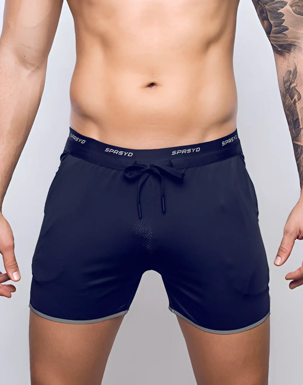 SupaWear SPR racer black athletic shorts with drawstring waistband and gray trim for versatile training use