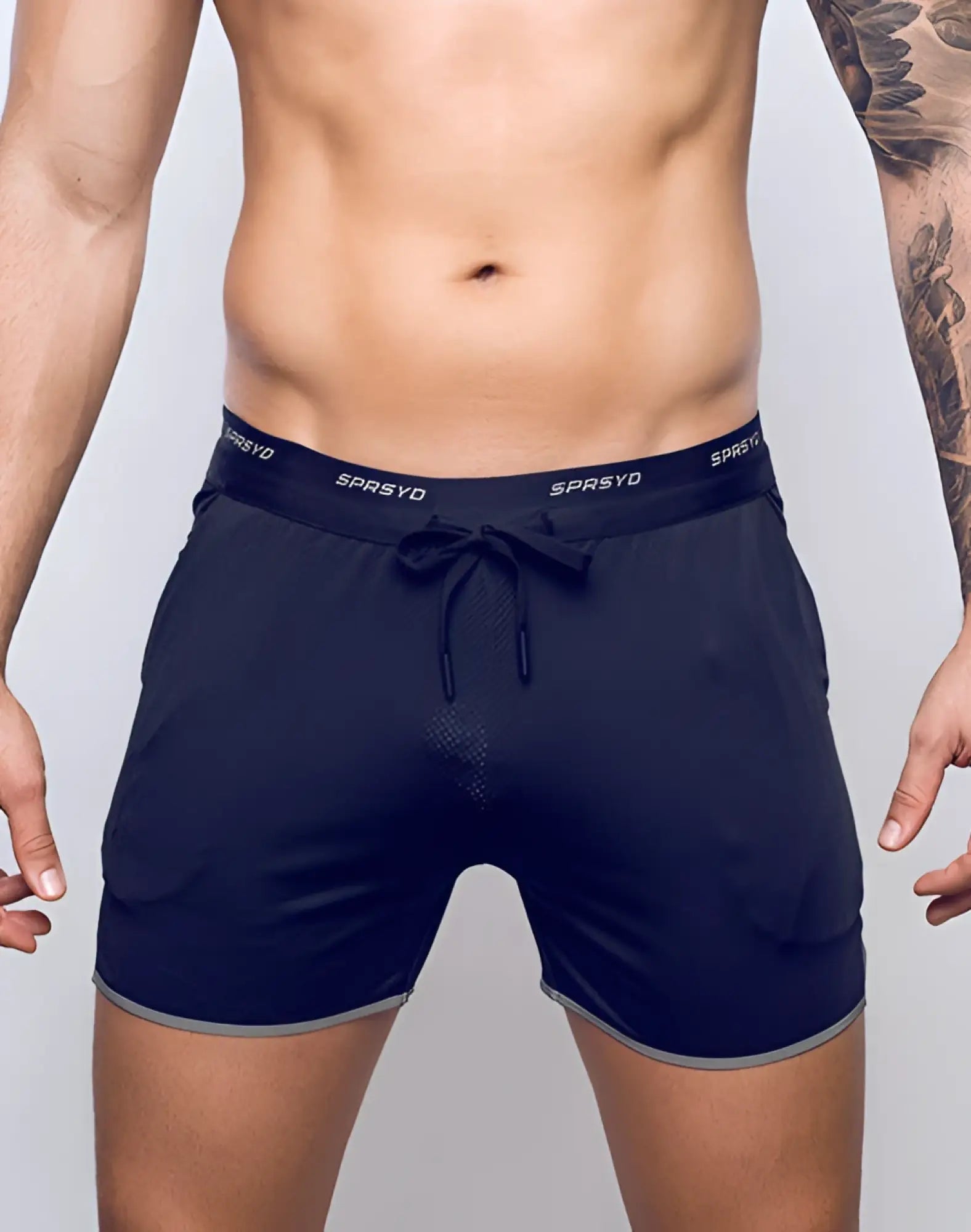 SupaWear SPR racer black athletic shorts with drawstring waistband and gray trim for versatile training use