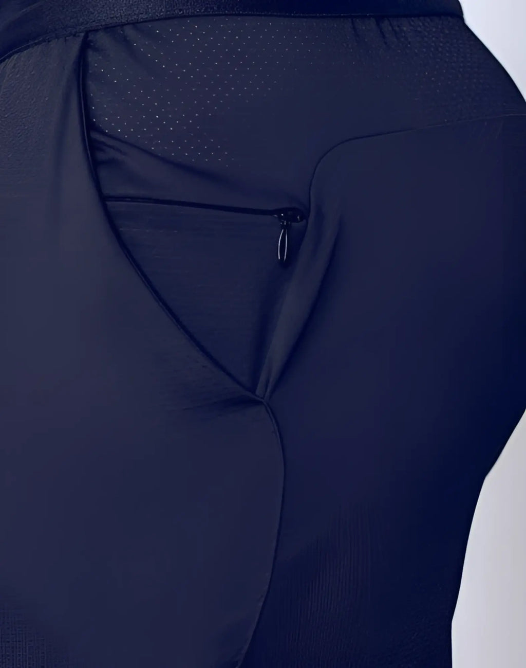SupaWear SPR racer shorts black with dark navy breathable mesh fabric and zippered side pocket for athletic use