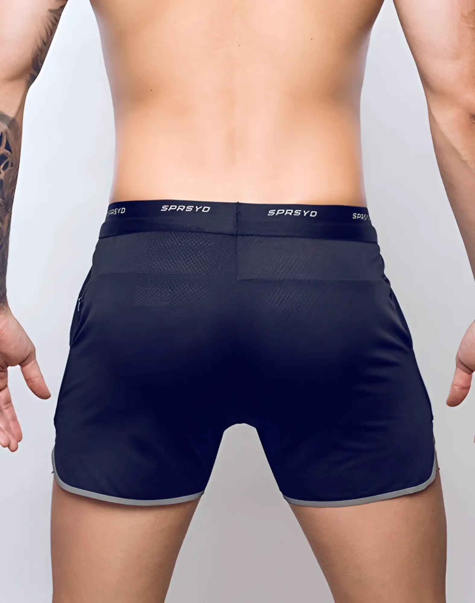 SupaWear SPR racer shorts black mesh athletic shorts with gray trim and branded waistband front view