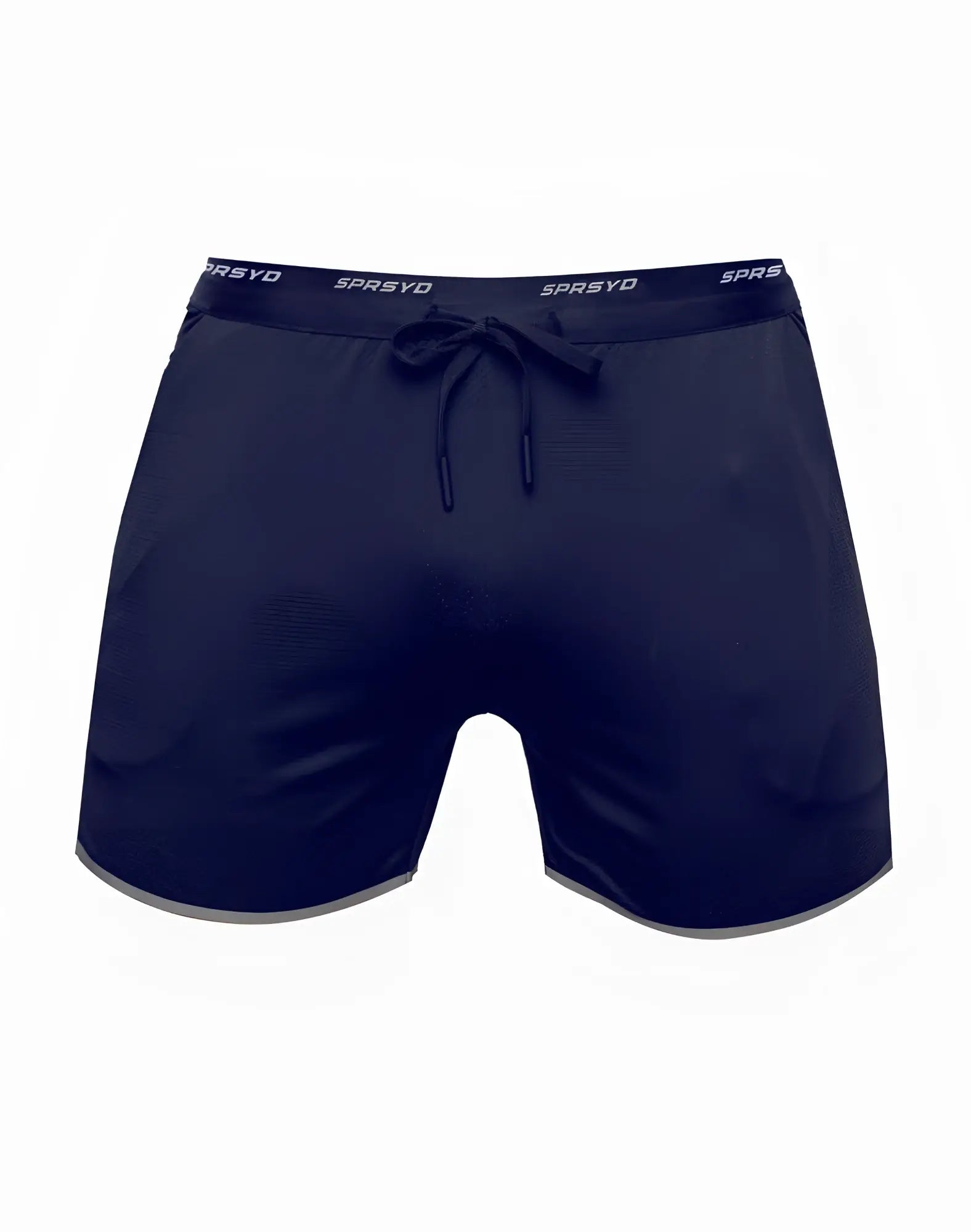 SupaWear SPR racer navy blue athletic shorts with drawstring waistband and gray trim along the hem