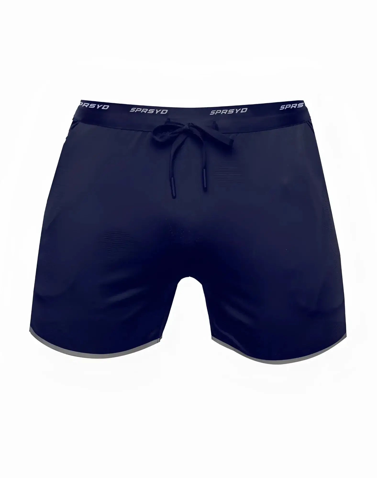 SupaWear SPR racer navy blue athletic shorts with drawstring waistband and gray trim along the hem