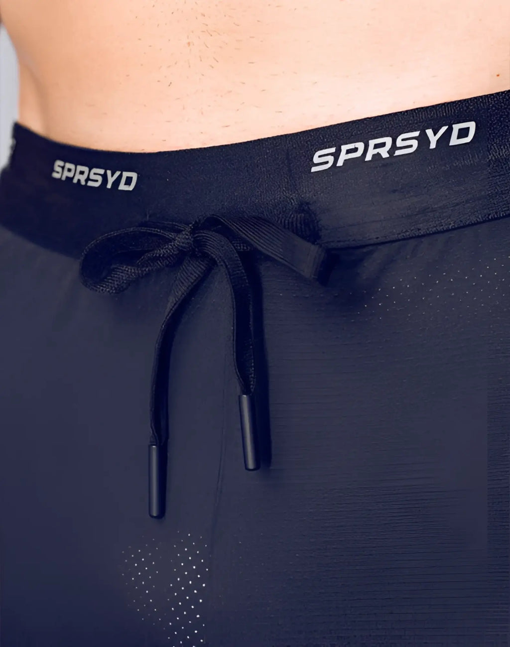 Black supawear spr racer shorts with perforated fabric and drawstring waistband for athletic use