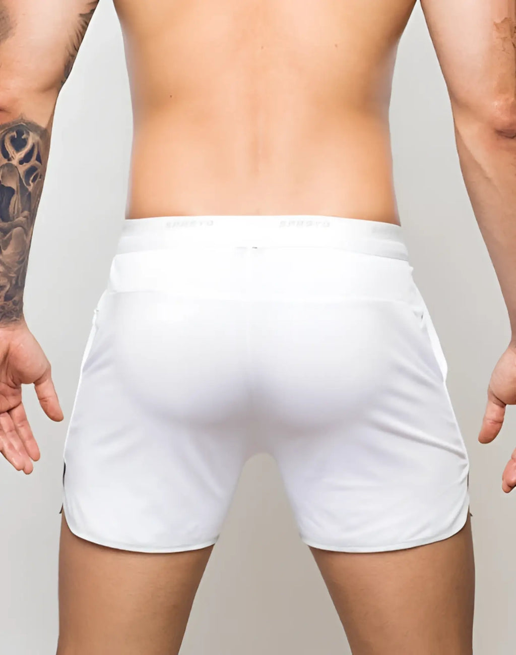 SupaWear SPR racer shorts white athletic shorts with textured mesh fabric and subtle side stripes