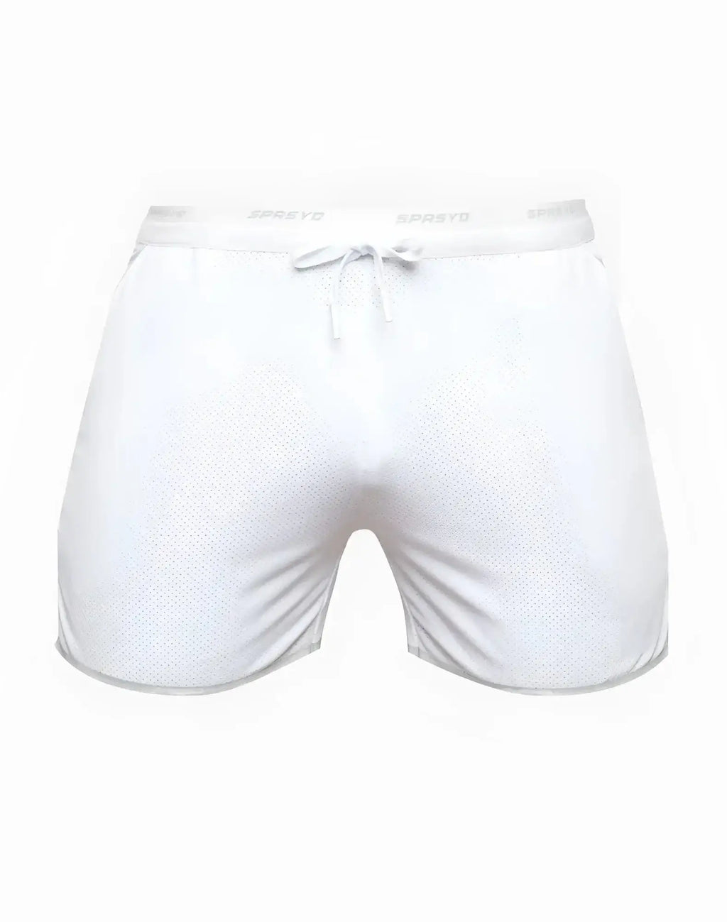 White mesh supawear spr racer shorts with drawstring waistband and spreyd brand name for athletic use