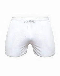 White mesh supawear spr racer shorts with drawstring waistband and spreyd brand name for athletic use