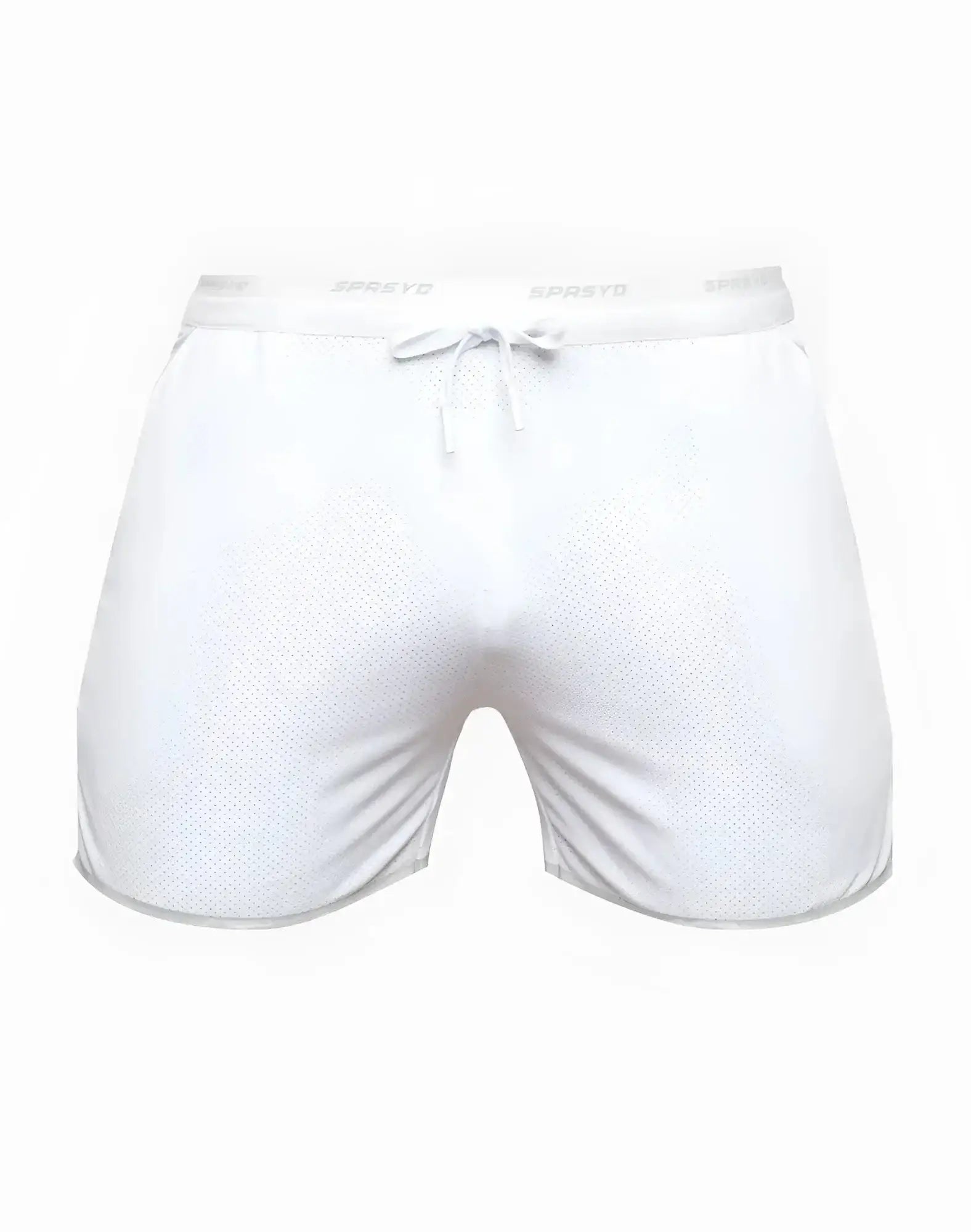 White mesh supawear spr racer shorts with drawstring waistband and spreyd brand name for athletic use