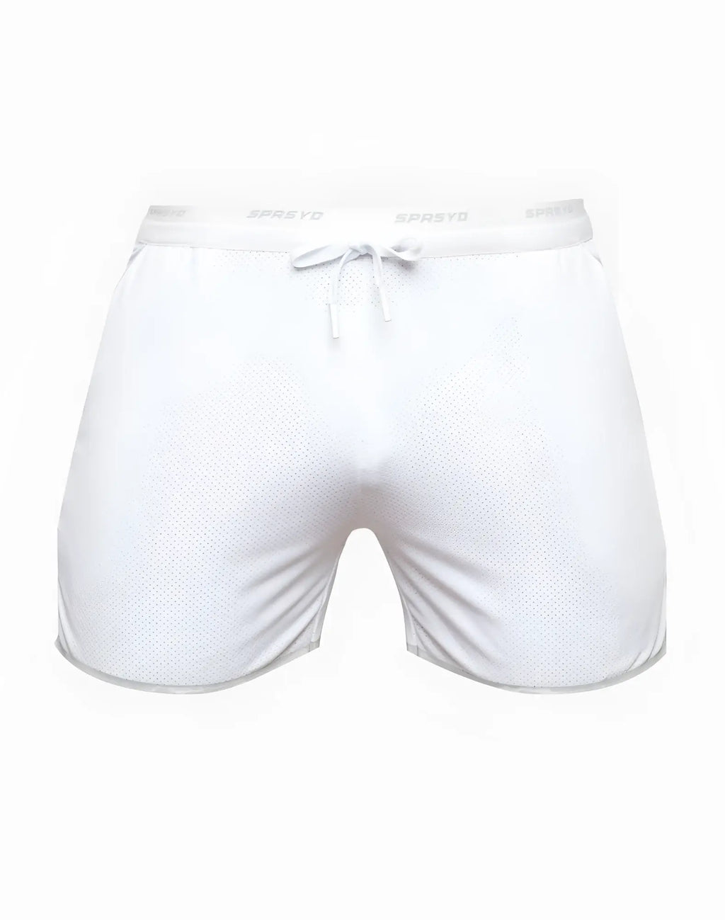 White mesh supawear spr racer shorts with drawstring waistband and spreyd brand name for athletic use