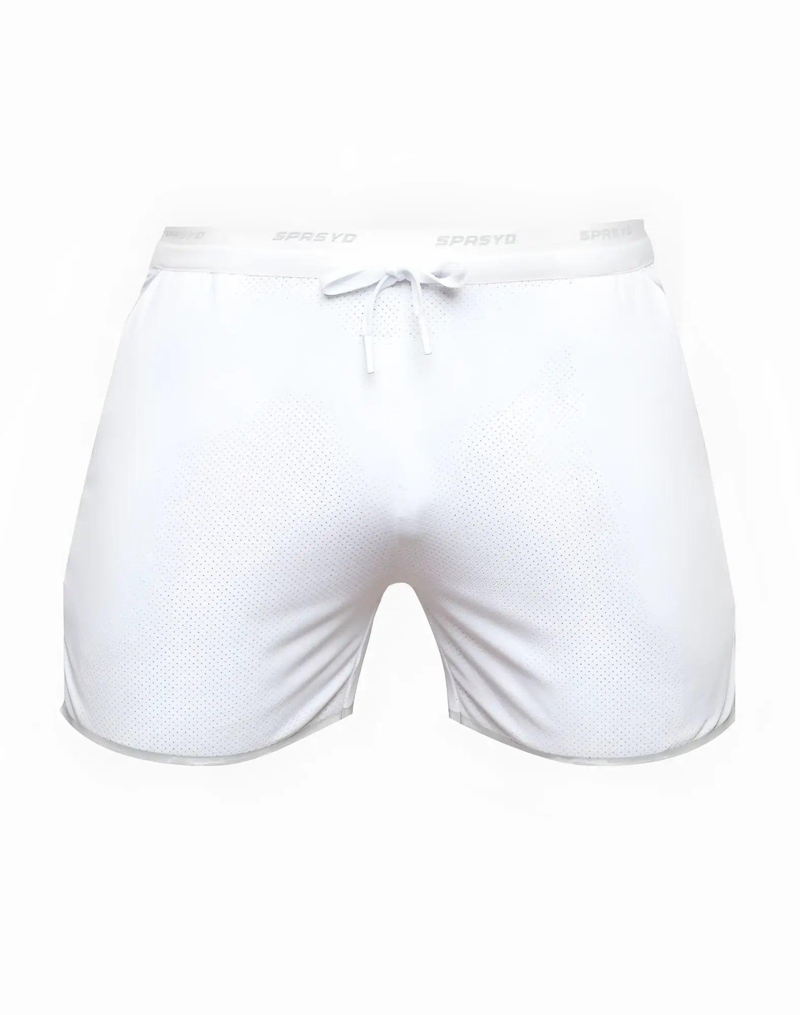 White mesh supawear spr racer shorts with drawstring waistband and spreyd brand name for athletic use