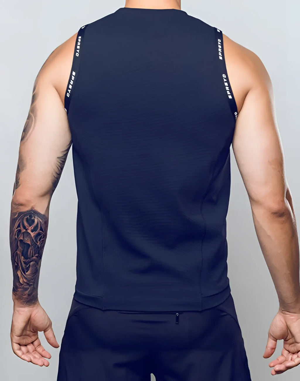 Navy blue sleeveless SUPAWEAR SPR singlet with black trim and white sprets branding on shoulder straps
