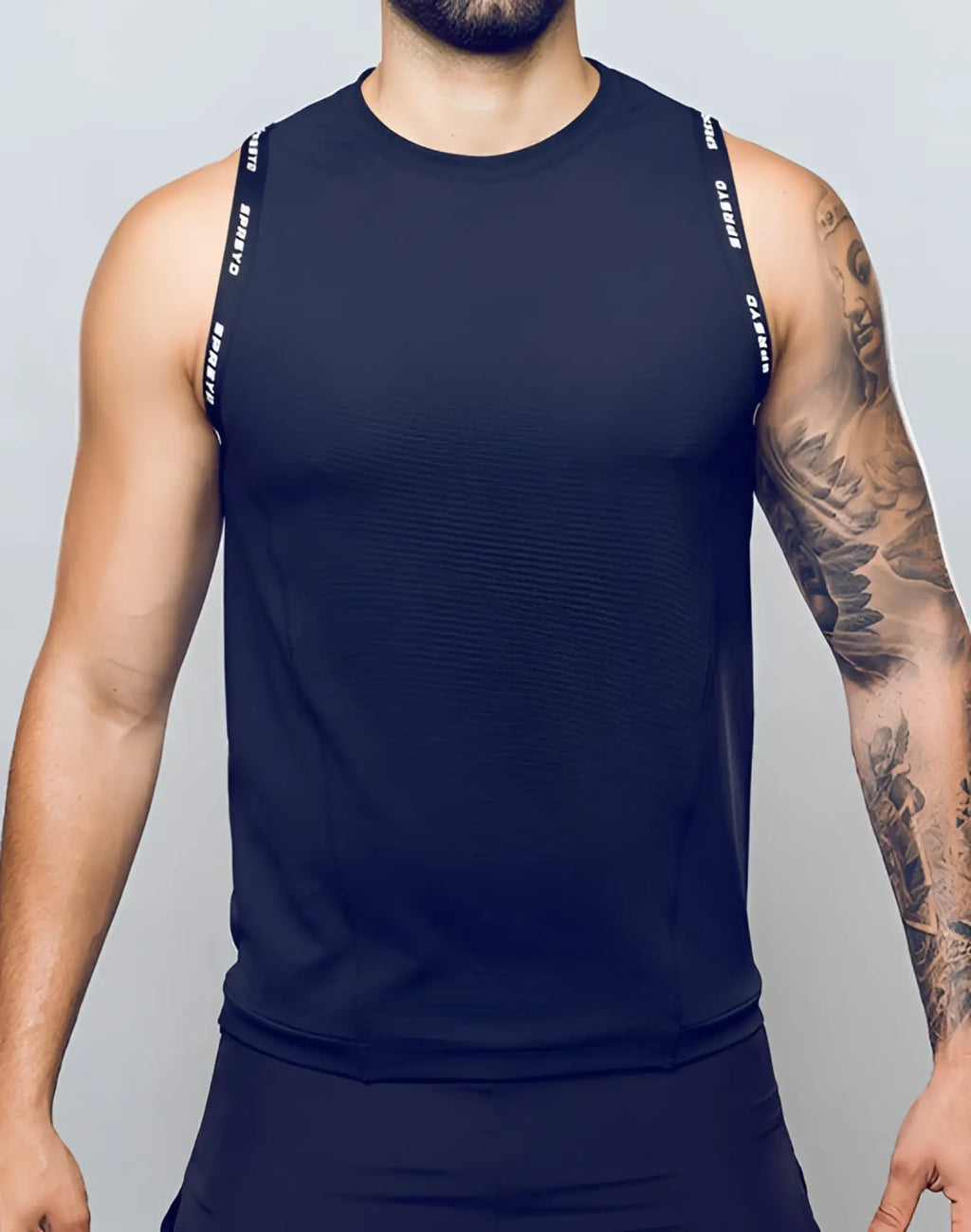 Black sleeveless athletic tank top supawear spr singlet with white gasbyp branding on shoulder straps