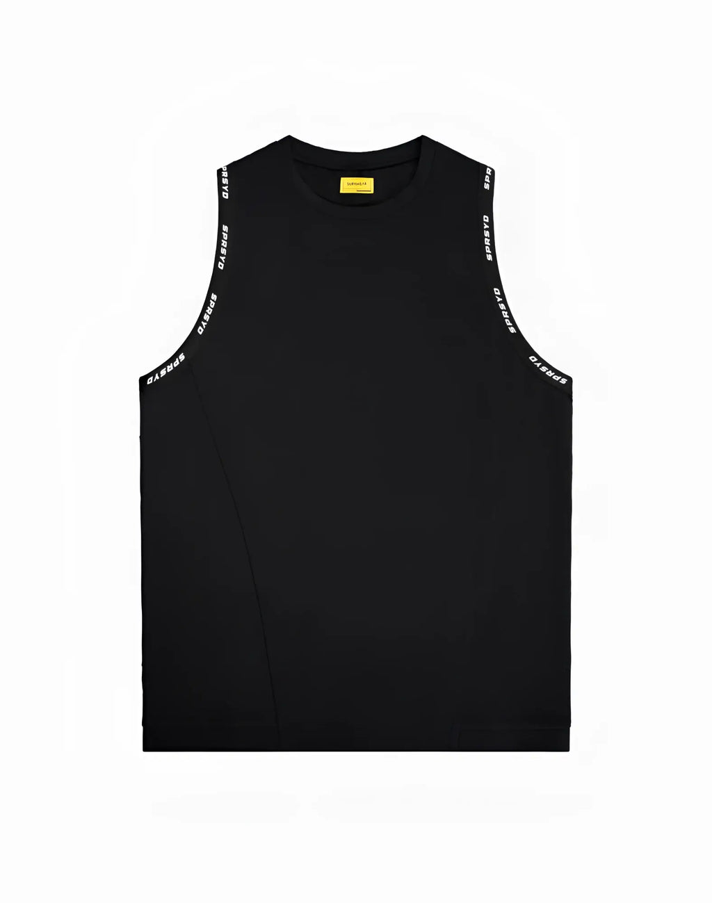 Black SUPAWEAR SPR singlet tank top with white gasps lettering along armholes and yellow neckline tag