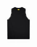 Black SUPAWEAR SPR singlet tank top with white gasps lettering along armholes and yellow neckline tag