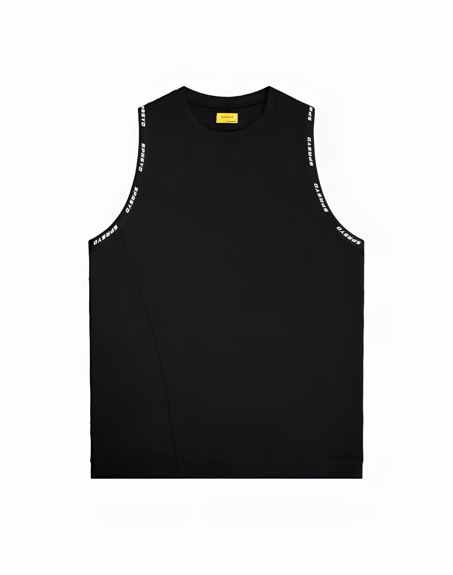 Black SUPAWEAR SPR singlet tank top with white gasps lettering along armholes and yellow neckline tag