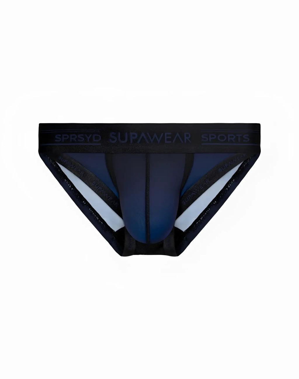 Black and navy blue supawear sports training briefs with white trim and branded waistband for athletic use