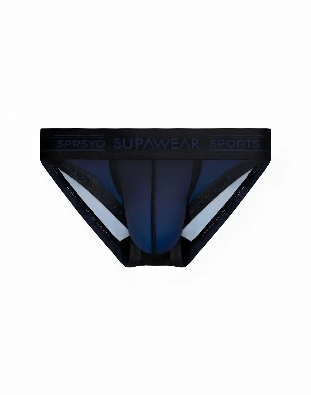 Black and navy blue supawear sports training briefs with white trim and branded waistband for athletic use