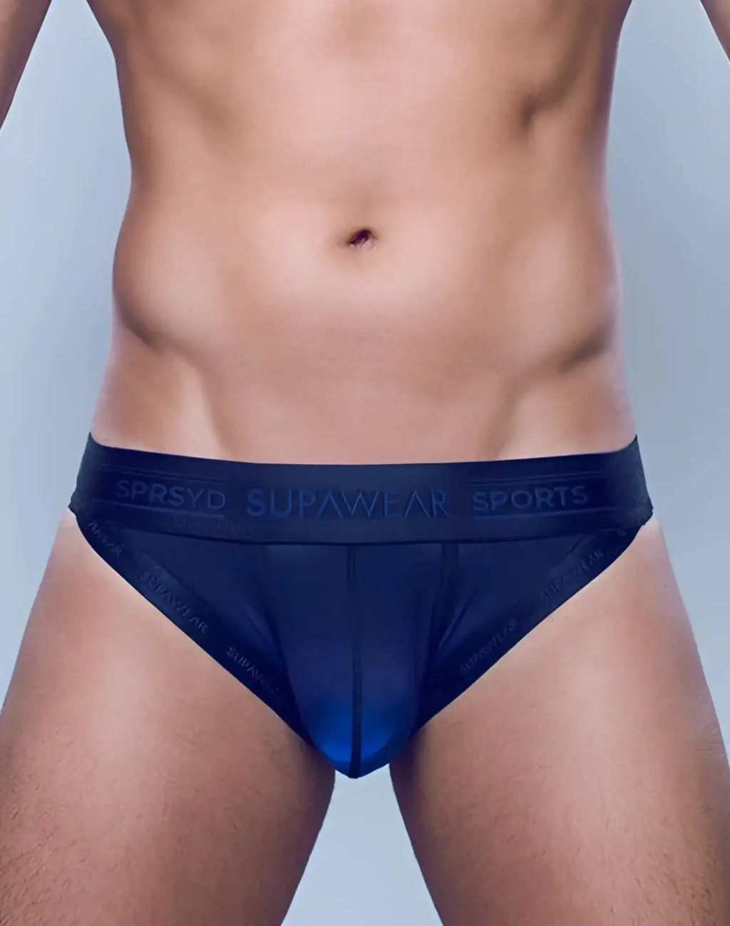 Navy blue SUPAWEAR SPR training briefs with a subtle gradient and branded waistband for sports use