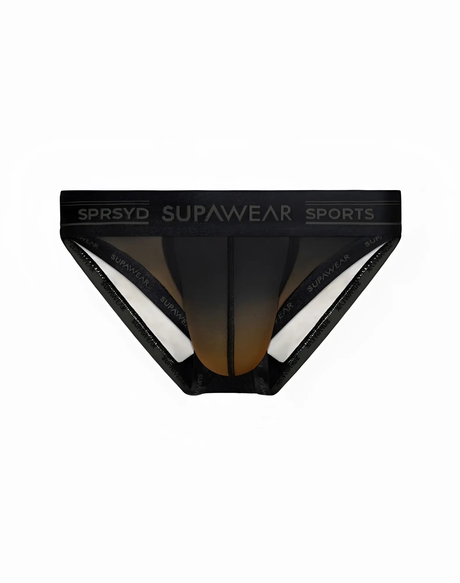 Black supawear spr training briefs with gradient brown-to-white lining and green branded elastic waistband
