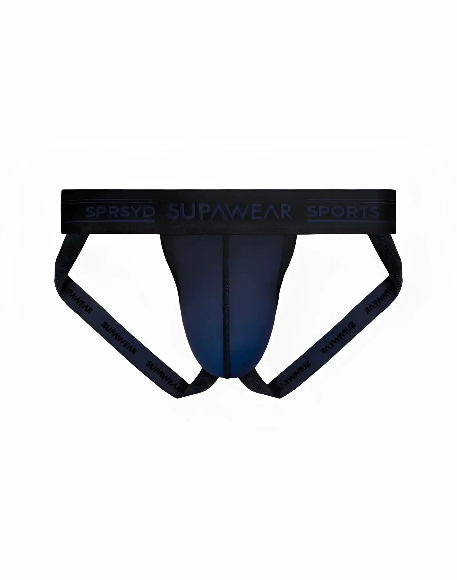 Black supawear sports athletic briefs with navy blue inner panel and branded elastic waistband for training use