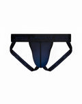 Black supawear sports athletic briefs with navy blue inner panel and branded elastic waistband for training use