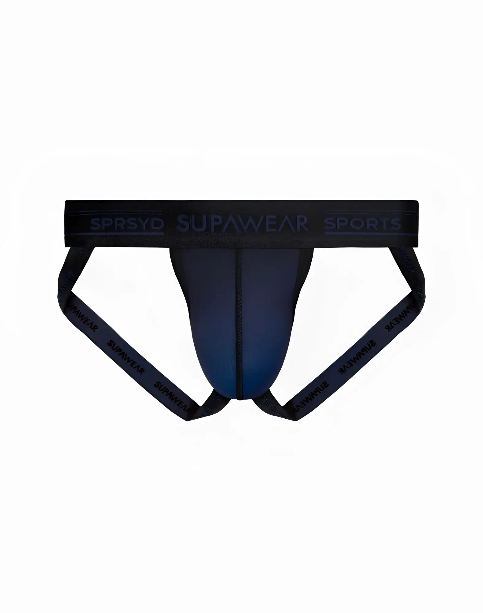 Black supawear sports athletic briefs with navy blue inner panel and branded elastic waistband for training use