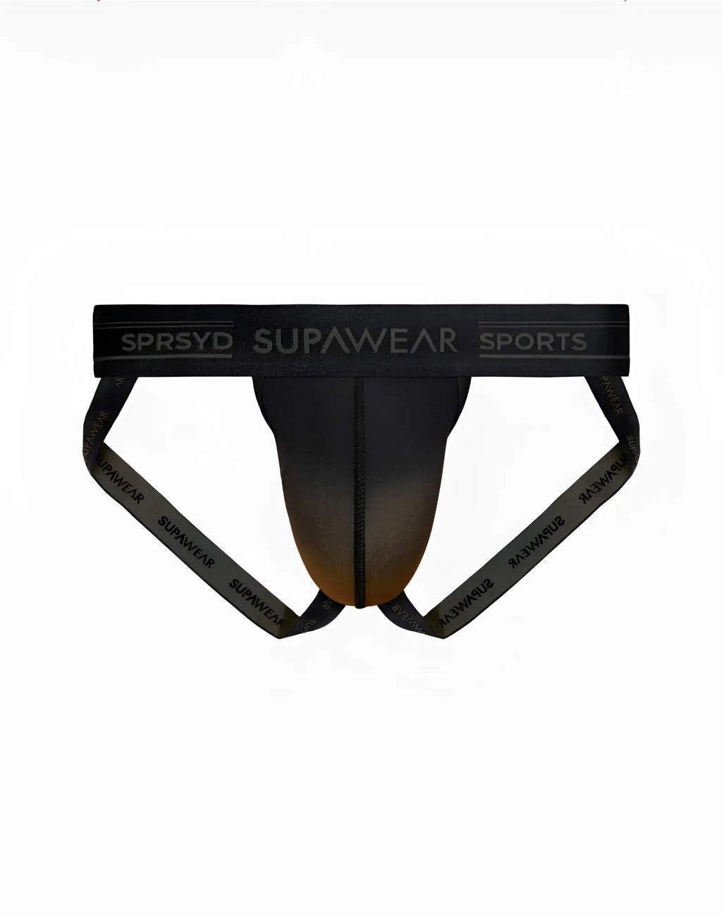 Black supawear sports athletic briefs with gradient fade to brown and branded elastic waistband for training use