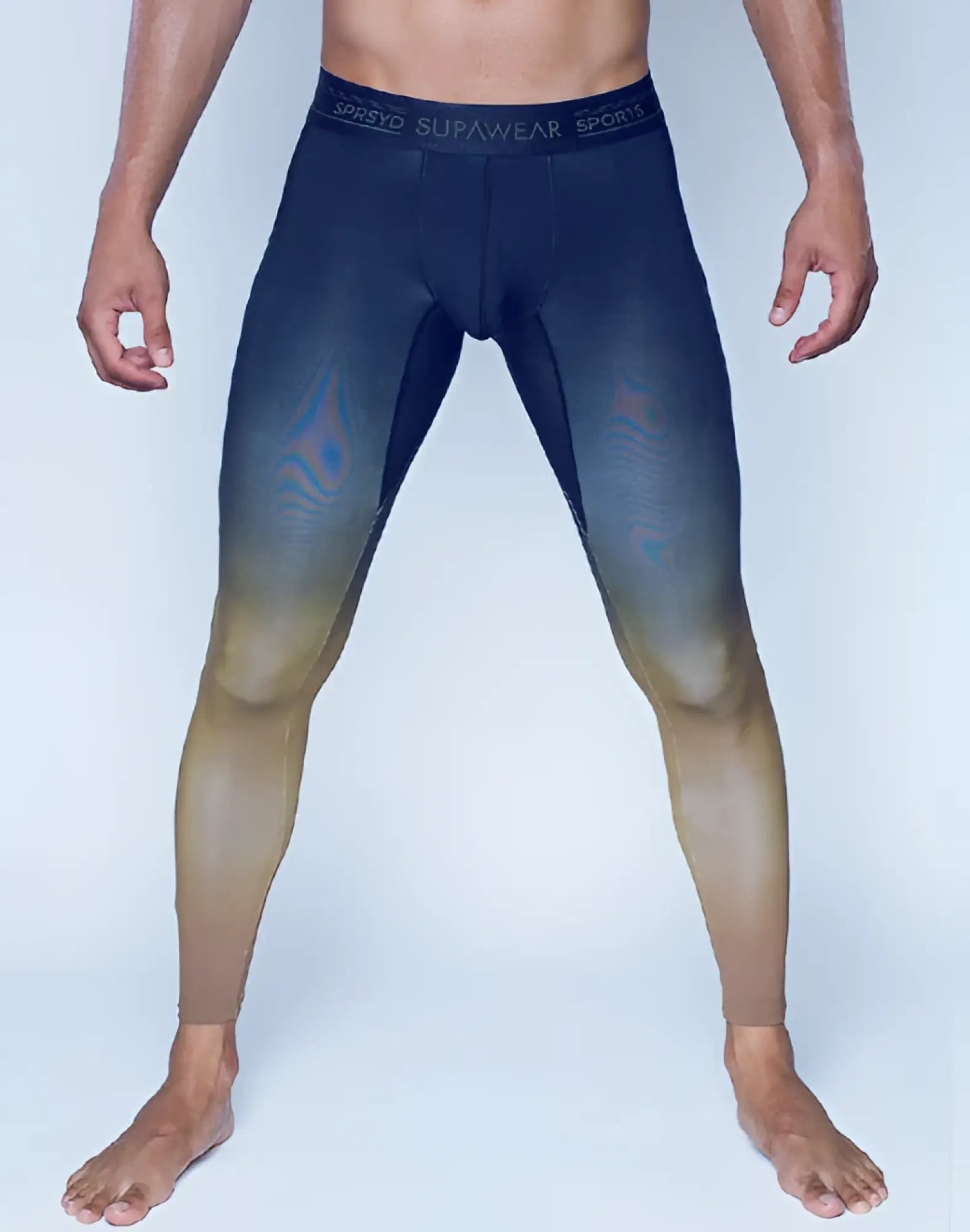 SupaWear SPR training tights in black and gold gradient compression fabric with iridescent pattern and Surawear waistband