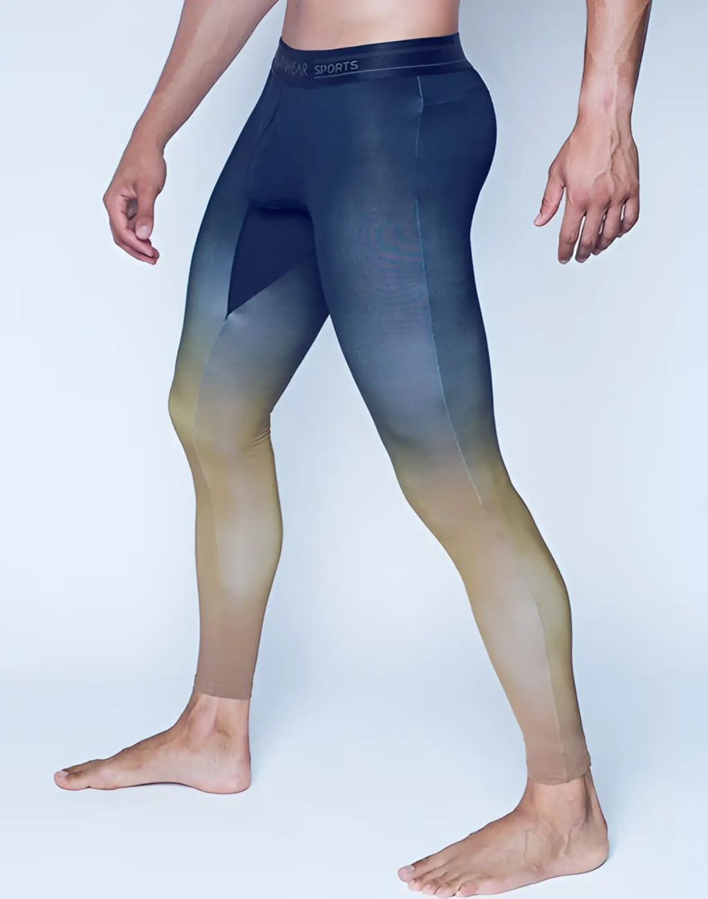 SupaWear SPR training tights in dark blue to beige gradient compression fabric with textured pattern and Under Armour waistband