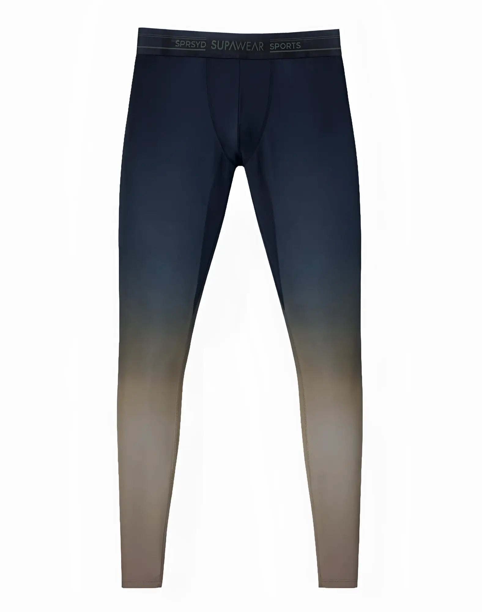 SupaWear SPR training tights in dark blue to beige gradient ombre with a black waistband and SupaWear sports branding