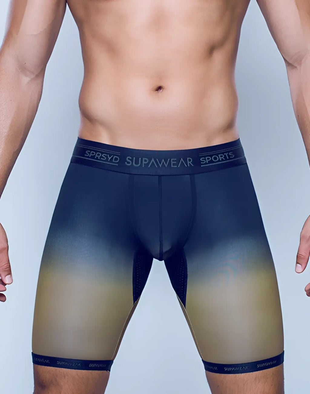 Black and gold gradient supawear sports training briefs with branded waistband designed for athletic performance