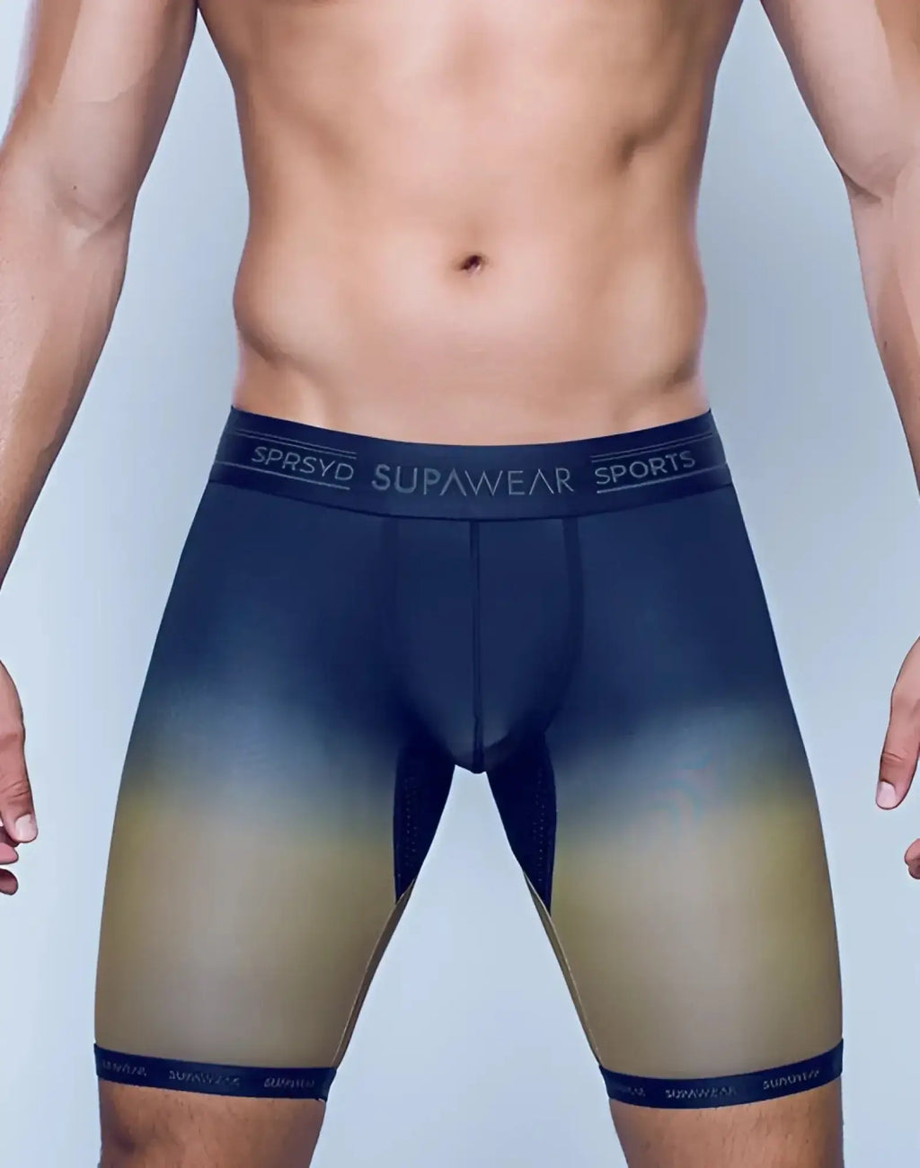 Black and gold gradient supawear sports training briefs with branded waistband designed for athletic performance