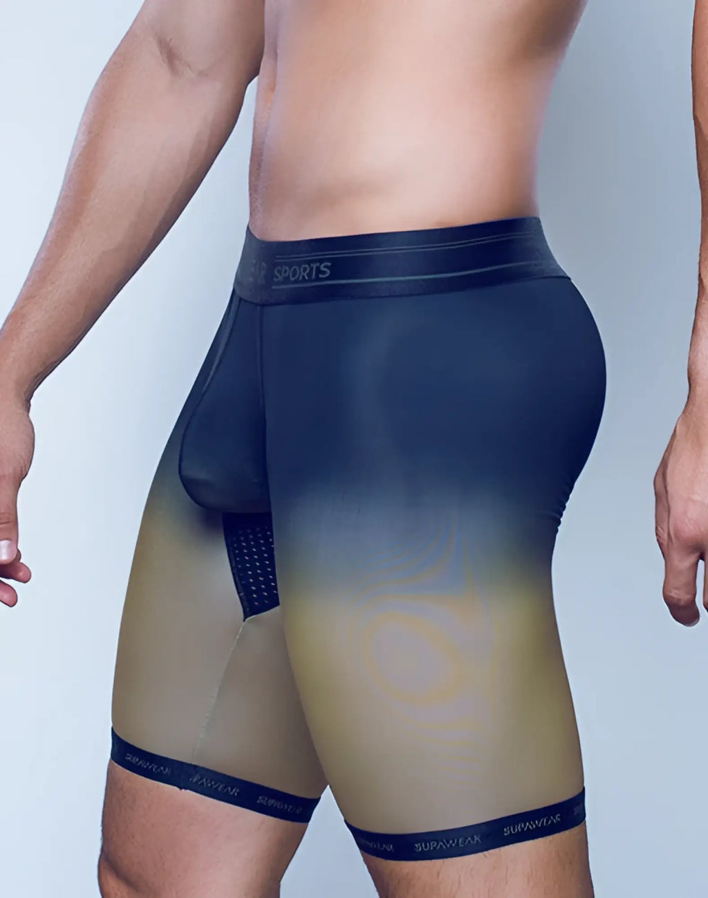 SupaWear SPR training trunk underwear in black and gold gradient with sleek form-fitting design for athletic use