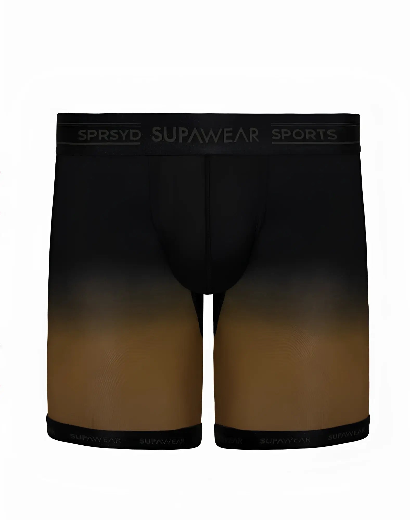 Black and gold gradient men’s boxer briefs with supawear sports branding on the waistband for training use