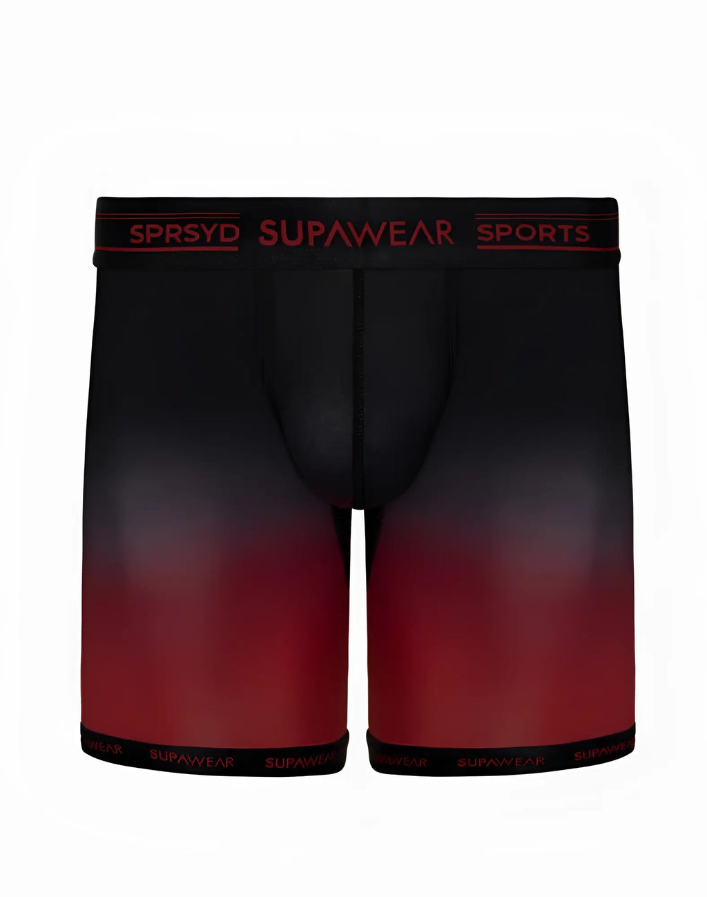 Black and red gradient men’s SUPAWEAR SPR training trunk underwear with red supawear sports waistband branding
