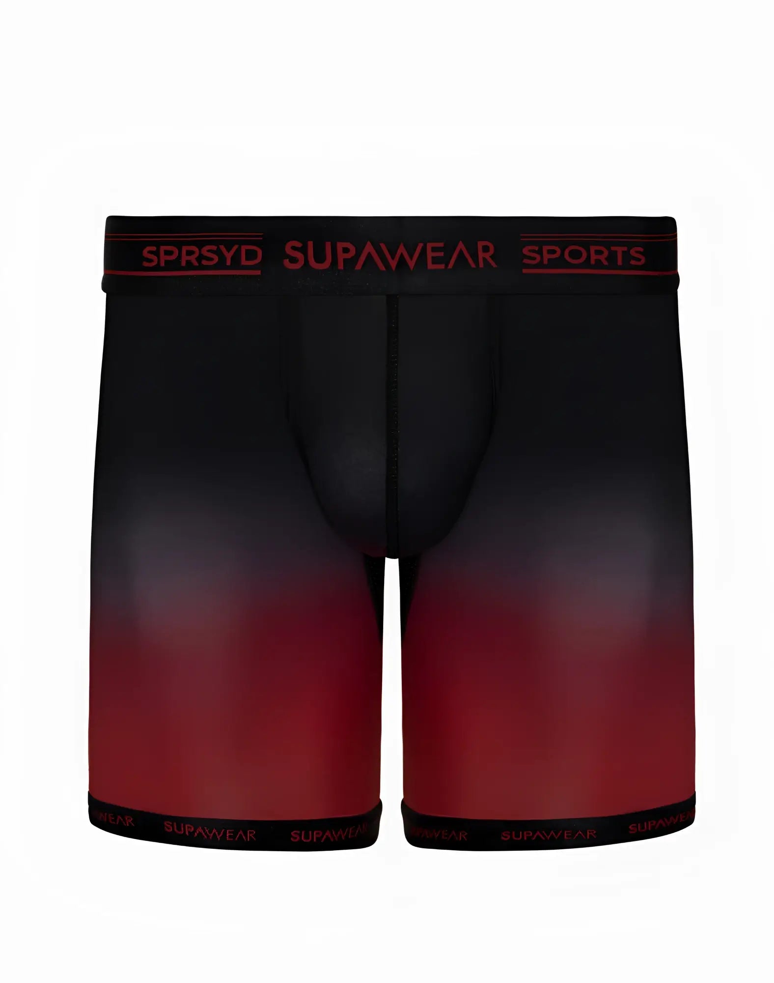 Black and red gradient men’s SUPAWEAR SPR training trunk underwear with red supawear sports waistband branding