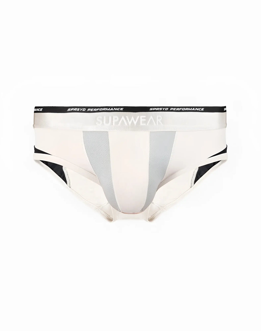 White and gray SUPAWEAR SPR Verve athletic briefs with black trim and logo waistband for activewear use