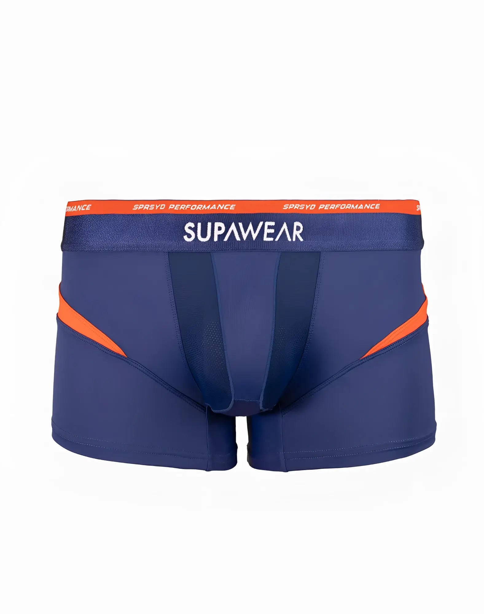 Navy blue supawear spr verve trunk underwear with orange side panels and branded waistband in blue ribbon color
