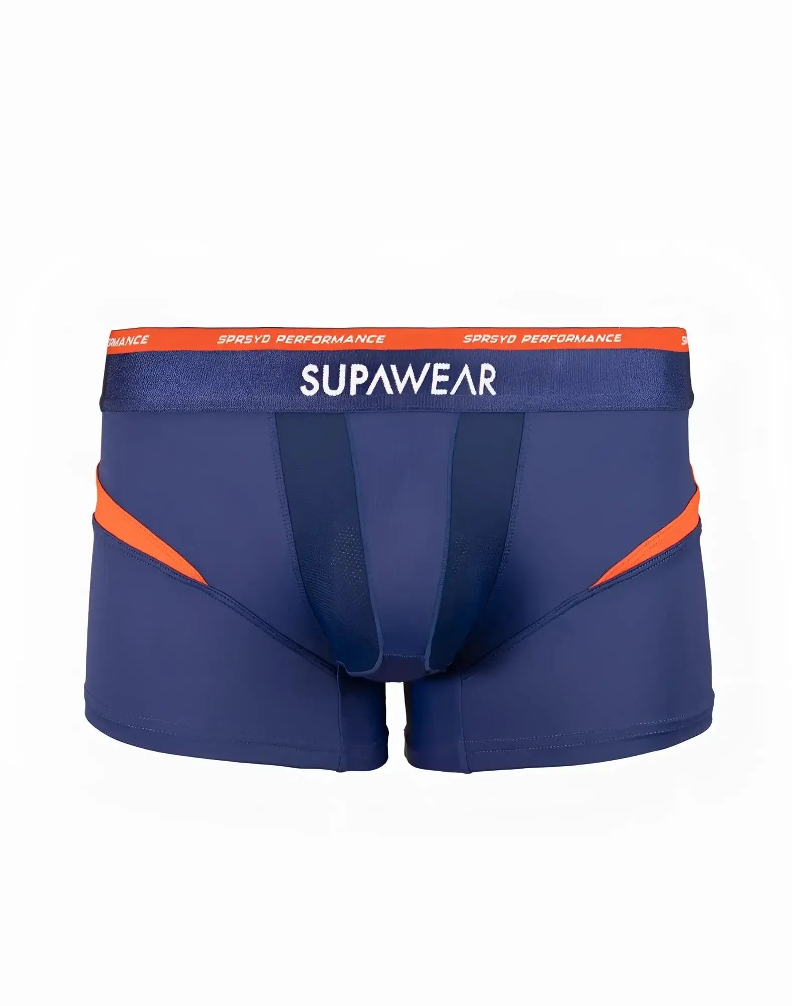 Navy blue supawear spr verve trunk underwear with orange side panels and branded waistband in blue ribbon color