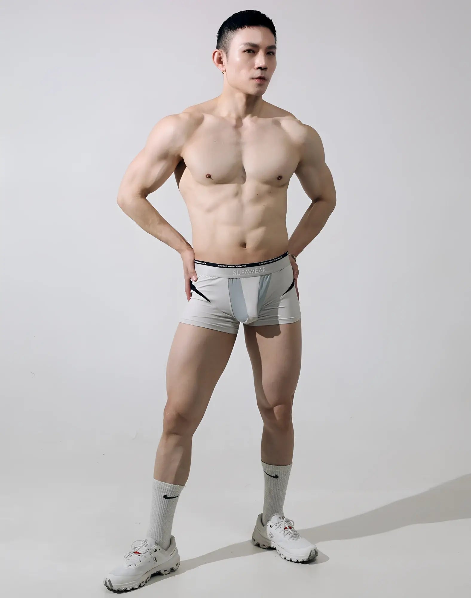 Light gray SUPAWEAR SPR Verve trunk underwear with black trim and subtle logo on waistband in pale grey color