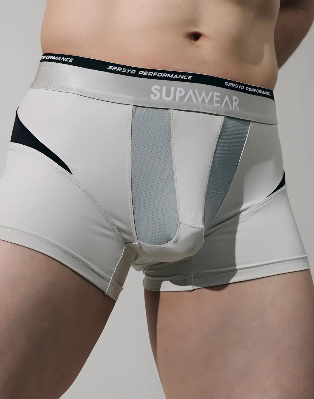 Silver and black supawear spr verve trunk underwear with mesh panels designed for performance and breathability