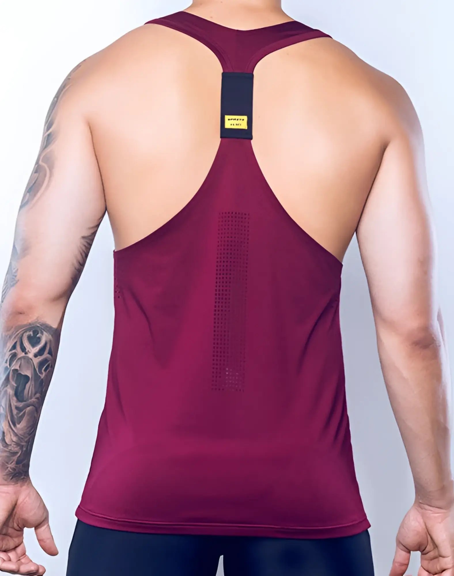 Maroon supawear spr y-tank athletic tank top with black back panel and perforated mesh detail shown from back