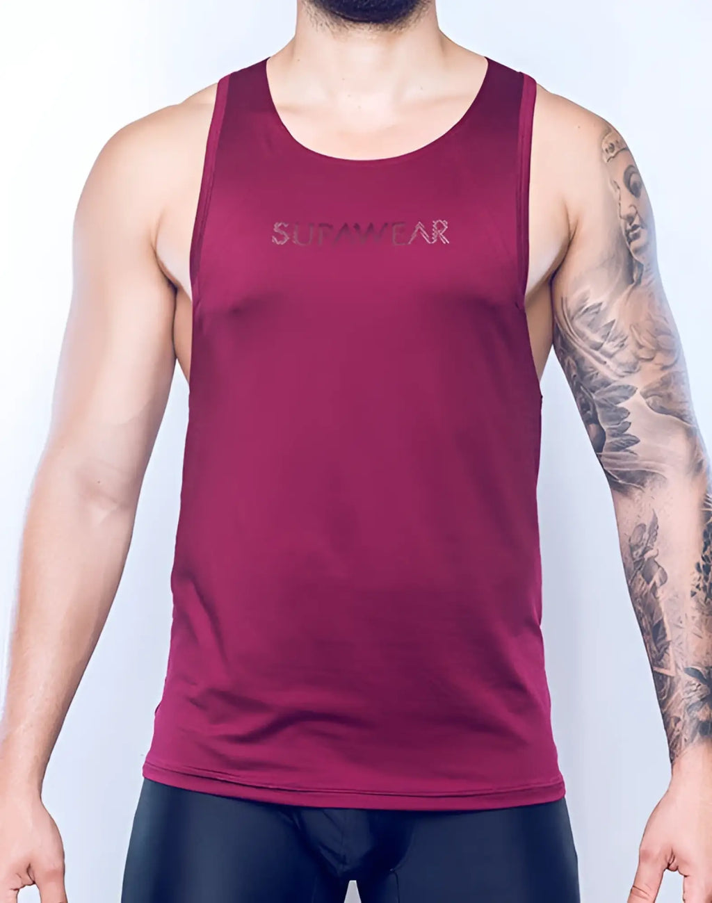 Supawea spring y-tank deep purple tank top with subtle textured logo across the chest in maroon surawear material