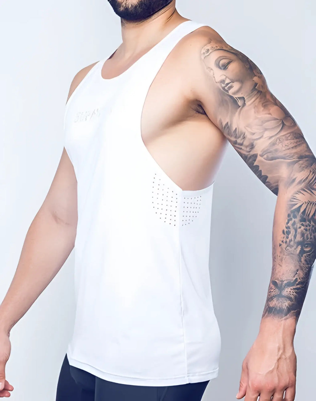 White supawear spring y-tank athletic tank top with perforated mesh panel on the side for breathability
