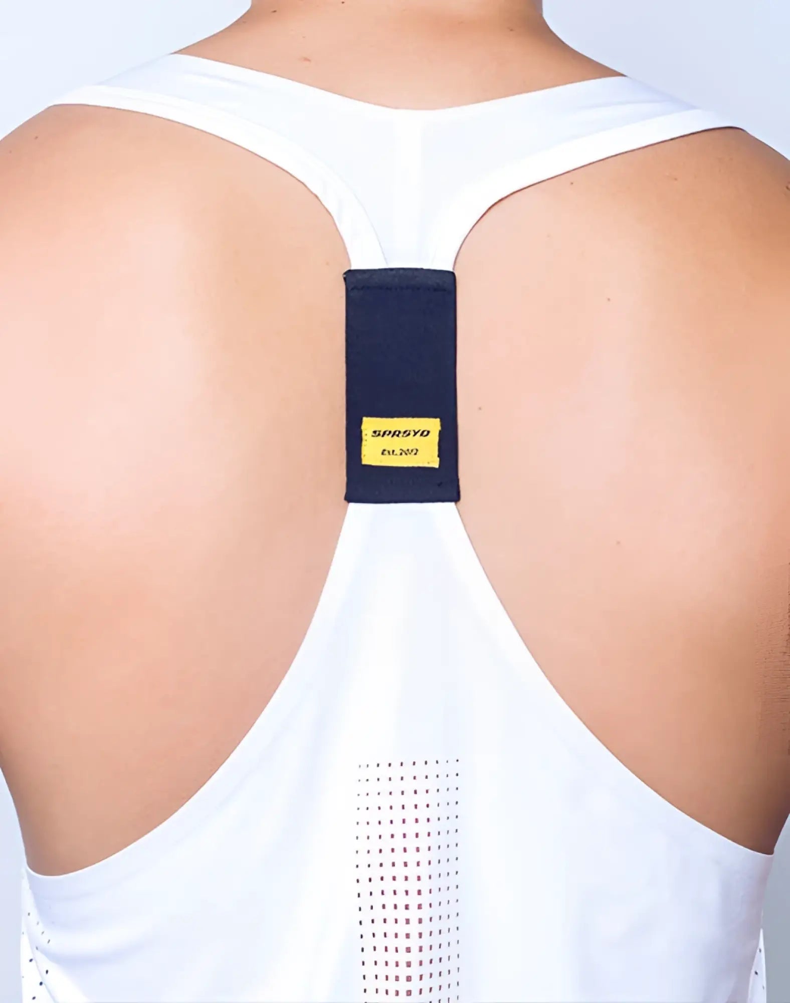 White supawear spr y-tank with black fabric strap and yellow sprsyd label on the back side