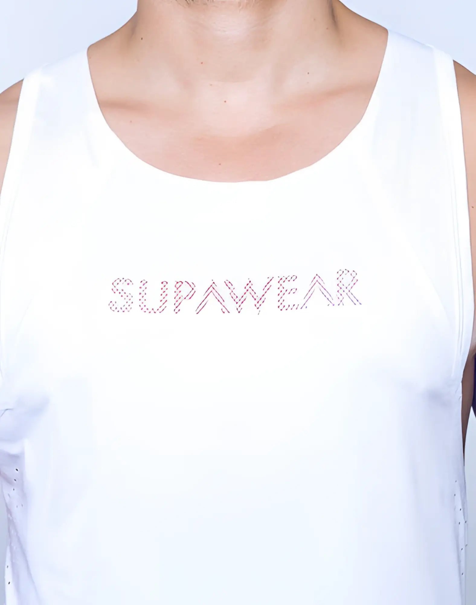 White sleeveless tank top with supawear embroidered in sparkling rhinestones on the chest for casual wear