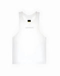 White supawear SPR Y-tank with subtle perforated side panels and a small black tag at the neckline